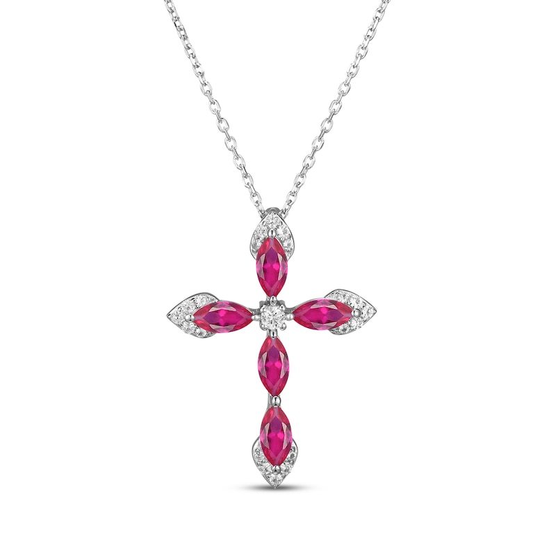 Main Image 1 of Marquise-Cut Lab-Created Ruby & White Lab-Created Sapphire Cross Necklace Sterling Silver 18"