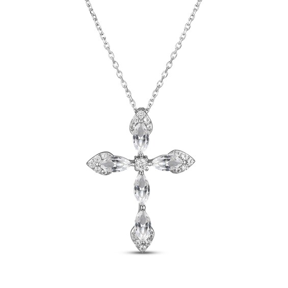 Marquise-Cut White Lab-Created Sapphire Cross Necklace Sterling Silver 18"