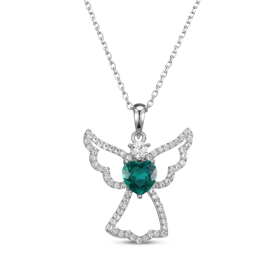 Heart-Shaped Lab-Created Emerald & White Lab-Created Sapphire Angel Necklace Sterling Silver 18"