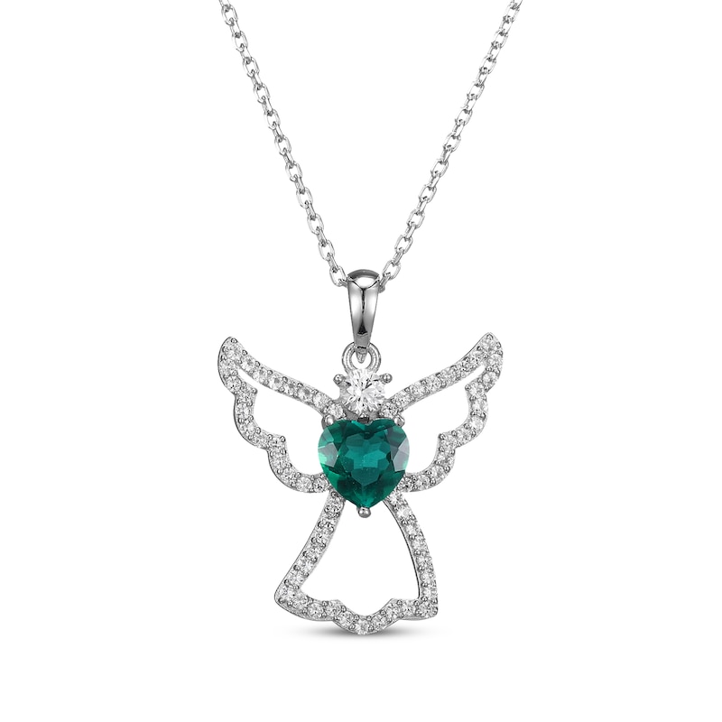 Main Image 1 of Heart-Shaped Lab-Created Emerald & White Lab-Created Sapphire Angel Necklace Sterling Silver 18"