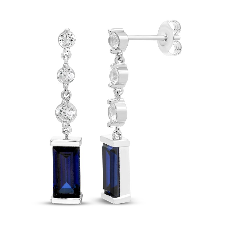 Main Image 1 of Baguette-Cut Blue & White Lab-Created Sapphire Drop Earrings Sterling Silver
