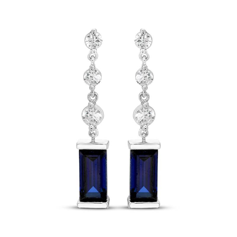 Main Image 2 of Baguette-Cut Blue & White Lab-Created Sapphire Drop Earrings Sterling Silver