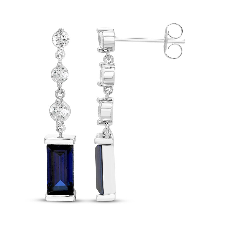 Main Image 3 of Baguette-Cut Blue & White Lab-Created Sapphire Drop Earrings Sterling Silver