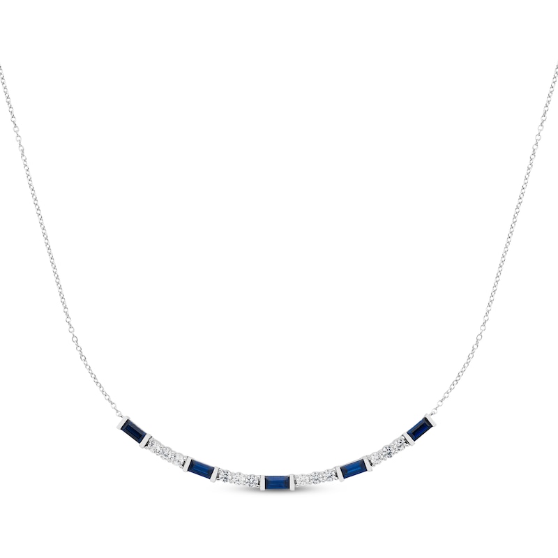 Main Image 1 of Baguette-Cut Blue & White Lab-Created Sapphire Necklace Sterling Silver 18"