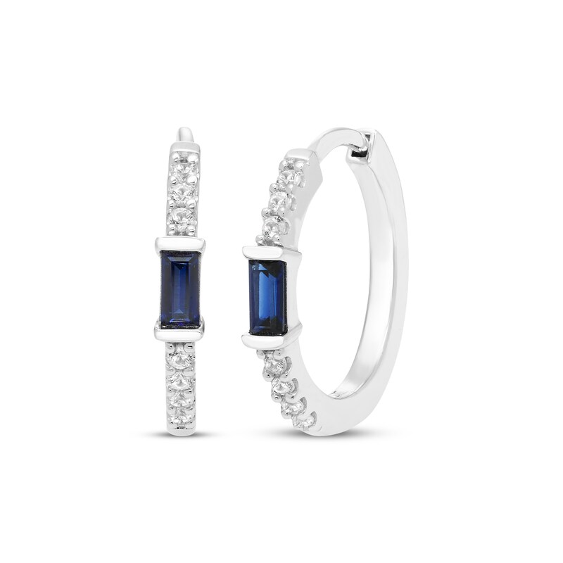 Main Image 1 of Baguette-Cut Blue Lab-Created Sapphire & White Lab-Created Sapphire Hoop Earrings Sterling Silver