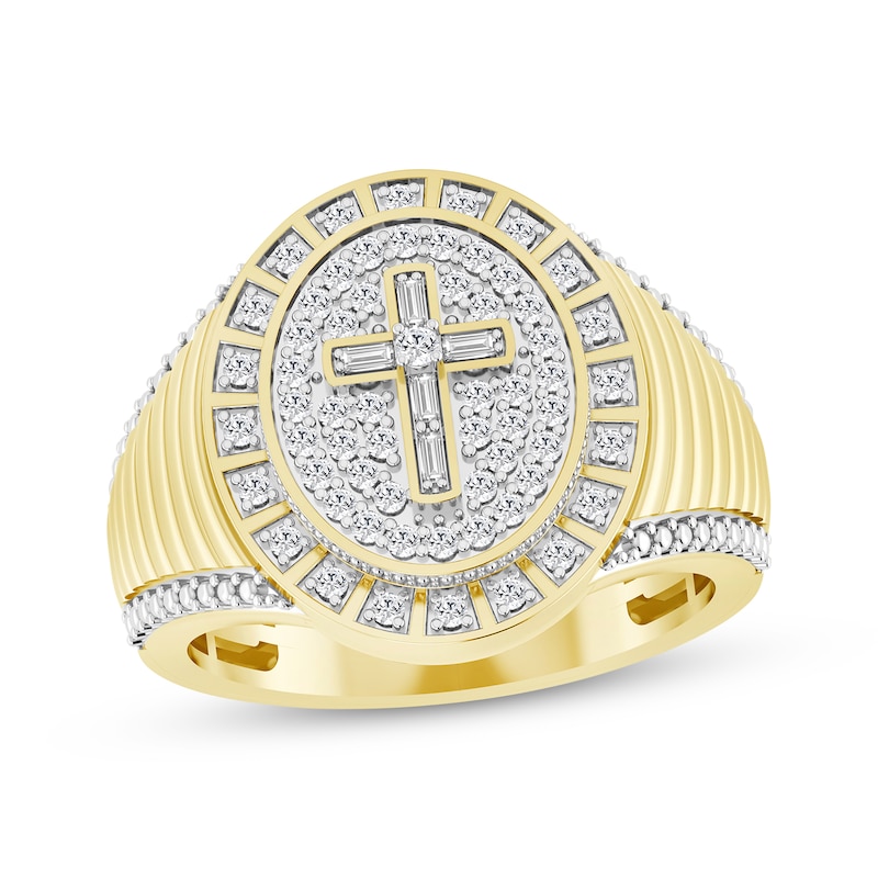Main Image 1 of Adore Men's Baguette & Round-Cut Diamond Cross Oval Ring 1/2 ct tw 10K Yellow Gold