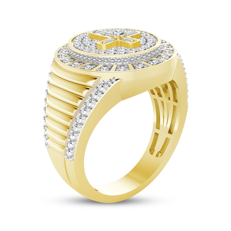 Main Image 2 of Adore Men's Baguette & Round-Cut Diamond Cross Oval Ring 1/2 ct tw 10K Yellow Gold