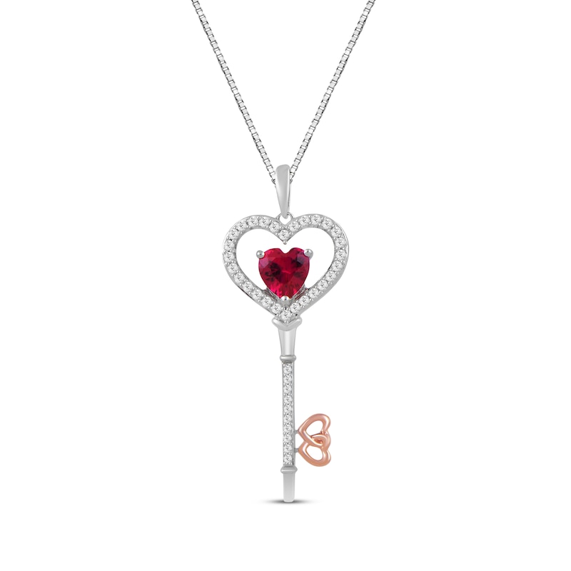 Main Image 1 of Heart-Shaped Lab-Created Ruby & White Lab-Created Sapphire Key Necklace Sterling Silver & 10K Rose Gold 18"