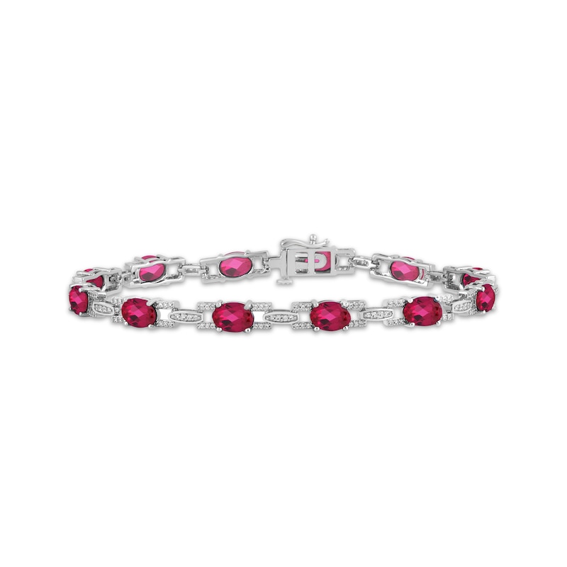 Main Image 1 of Oval-Cut Lab-Created Ruby & White Lab-Created Sapphire Link Bracelet Sterling Silver 7.5"