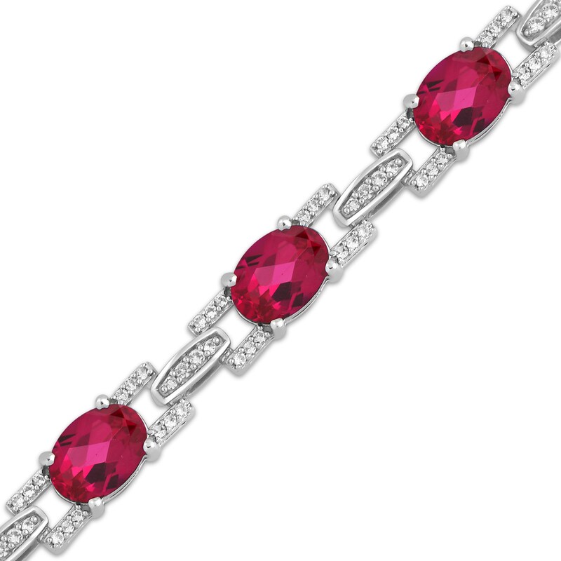 Main Image 2 of Oval-Cut Lab-Created Ruby & White Lab-Created Sapphire Link Bracelet Sterling Silver 7.5"