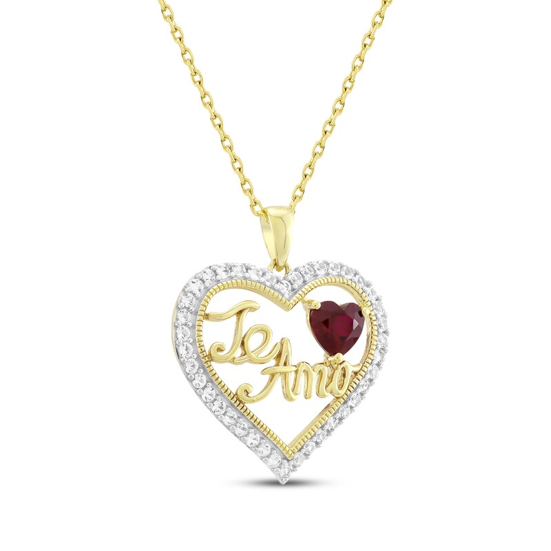 Main Image 2 of Heart-Shaped Lab-Created Ruby & White Lab-Created Sapphire "Te Amo" Heart Necklace 14K Yellow Gold 18"