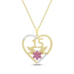Pink & White Lab-Created Sapphire Quinceañera Flower & Heart Necklace 14K Yellow Gold 18"