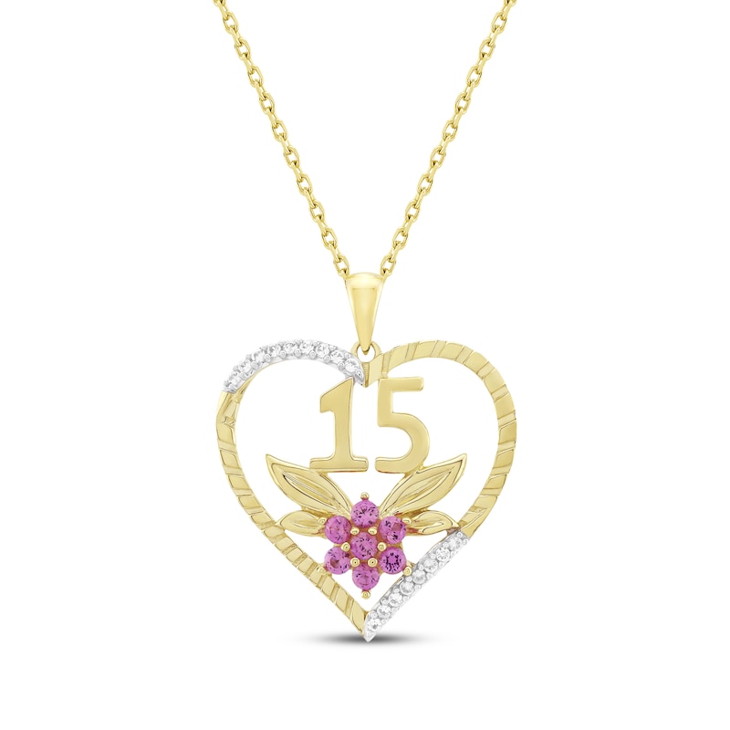 Pink & White Lab-Created Sapphire Quinceañera Flower & Heart Necklace 14K Yellow Gold 18"