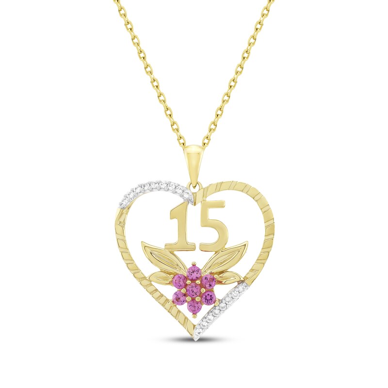 Main Image 1 of Pink & White Lab-Created Sapphire Quinceañera Flower & Heart Necklace 14K Yellow Gold 18"