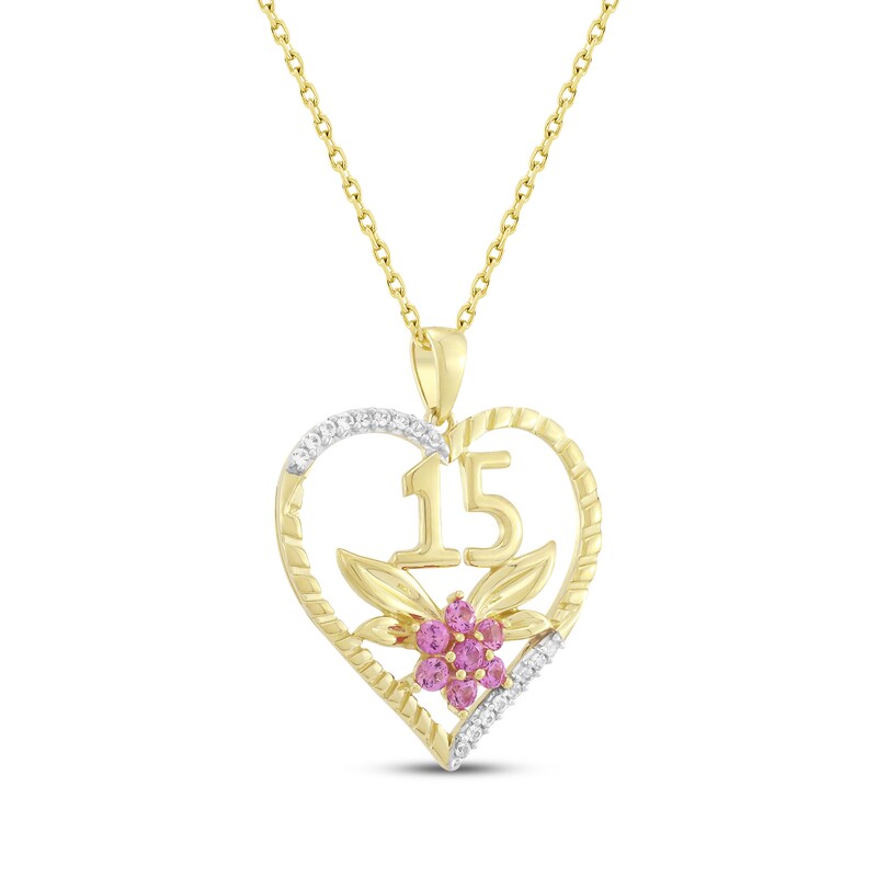 Main Image 2 of Pink & White Lab-Created Sapphire Quinceañera Flower & Heart Necklace 14K Yellow Gold 18"