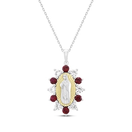 Lab-Created Ruby & White Lab-Created Sapphire Virgin Mary Necklace Sterling Silver & 10K Yellow Gold 18"