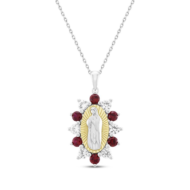 Main Image 1 of Lab-Created Ruby & White Lab-Created Sapphire Virgin Mary Necklace Sterling Silver & 10K Yellow Gold 18"