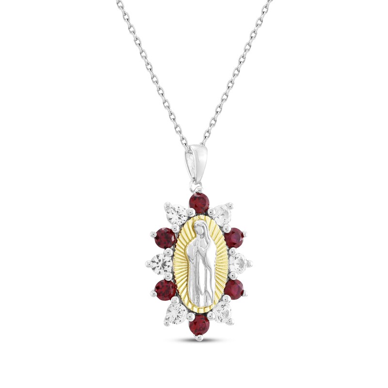 Main Image 2 of Lab-Created Ruby & White Lab-Created Sapphire Virgin Mary Necklace Sterling Silver & 10K Yellow Gold 18"