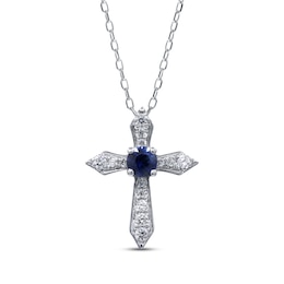 Blue Sapphire & Diamond Cross Necklace 1/15 ct tw 10K White Gold 18"