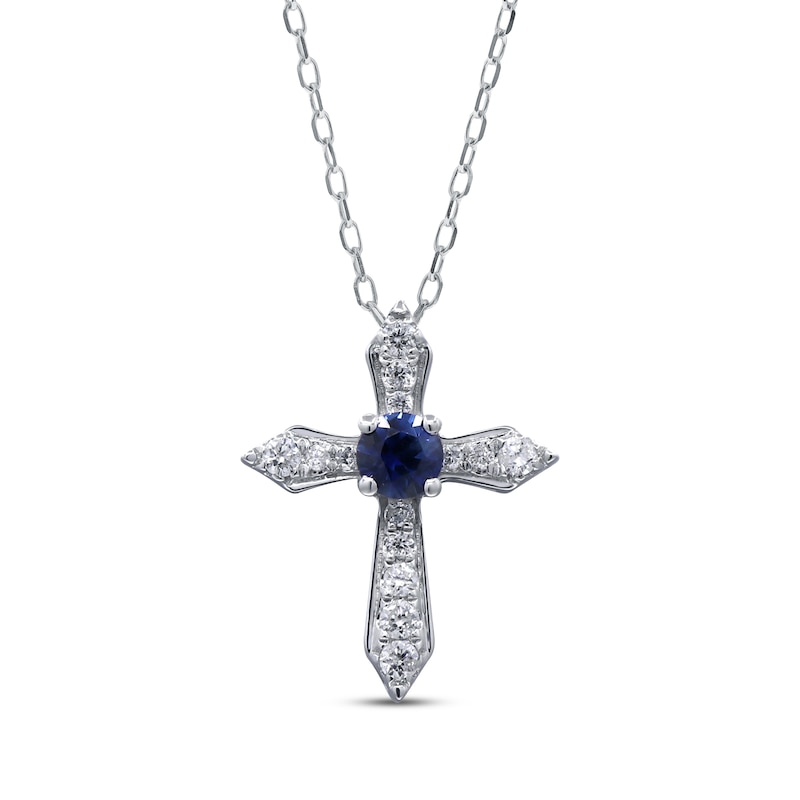 Main Image 1 of Blue Sapphire & Diamond Cross Necklace 1/15 ct tw 10K White Gold 18"