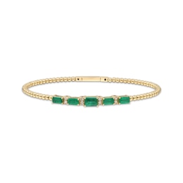 Emerald-Cut Emerald & Diamond Beaded Bangle Bracelet 1/15 ct tw 14K Yellow Gold 7.25"