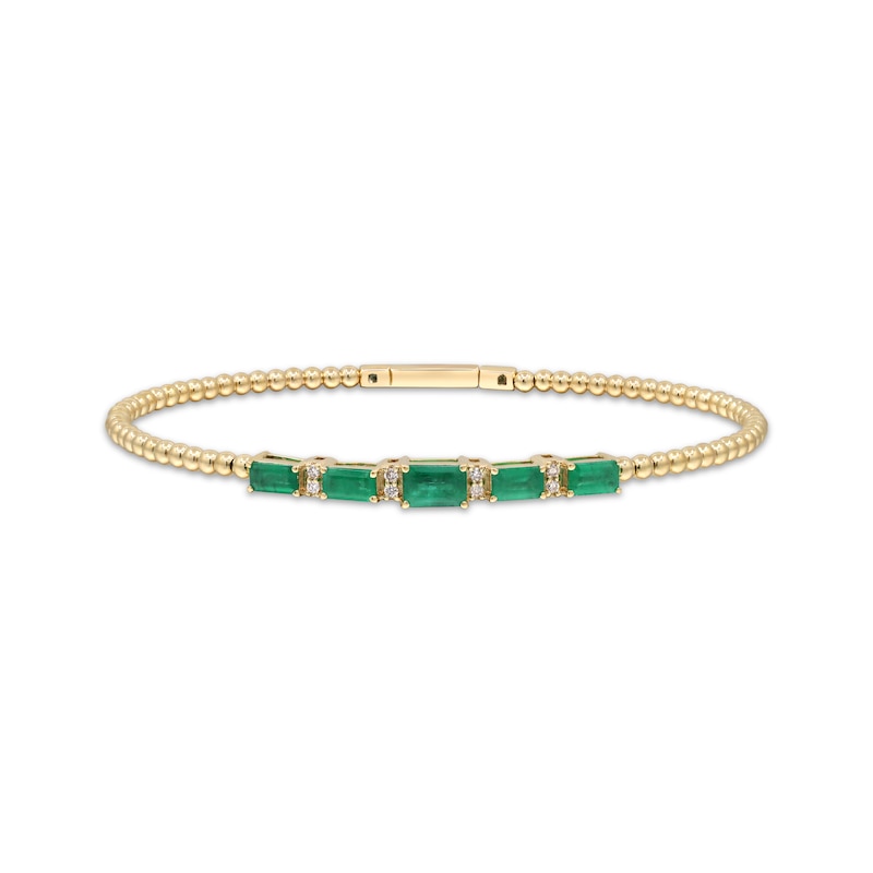 Main Image 1 of Emerald-Cut Emerald & Diamond Beaded Bangle Bracelet 1/15 ct tw 14K Yellow Gold 7.25"