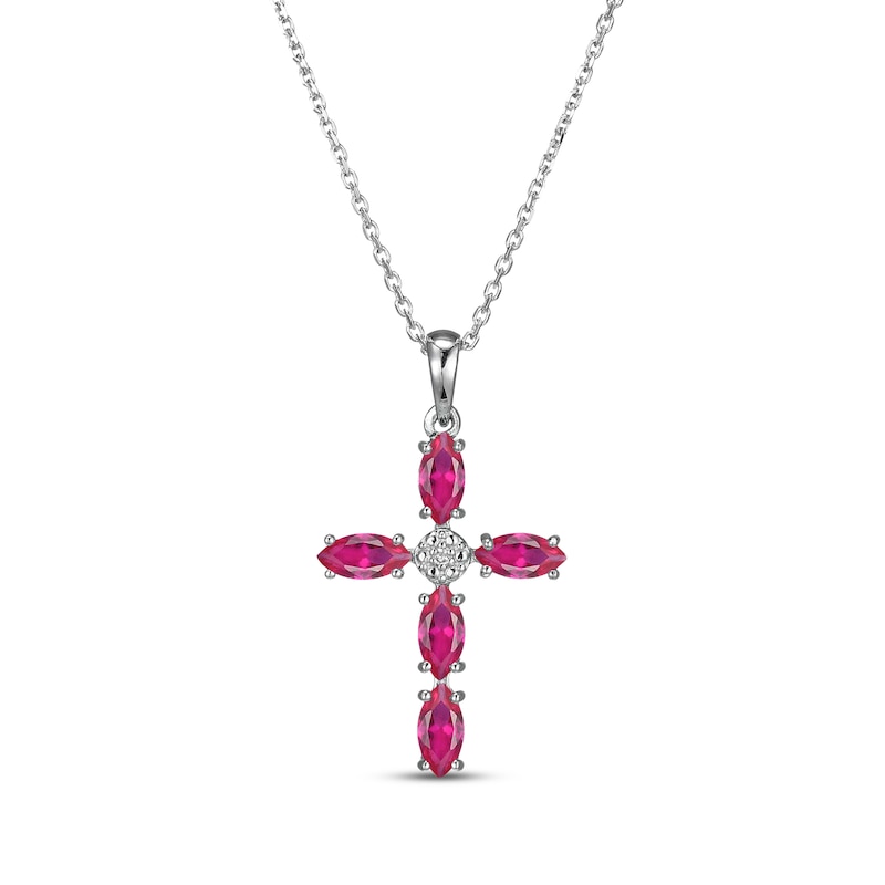 Main Image 1 of Marquise-Cut Lab-Created Ruby & Diamond Accent Cross Necklace Sterling Silver 18"
