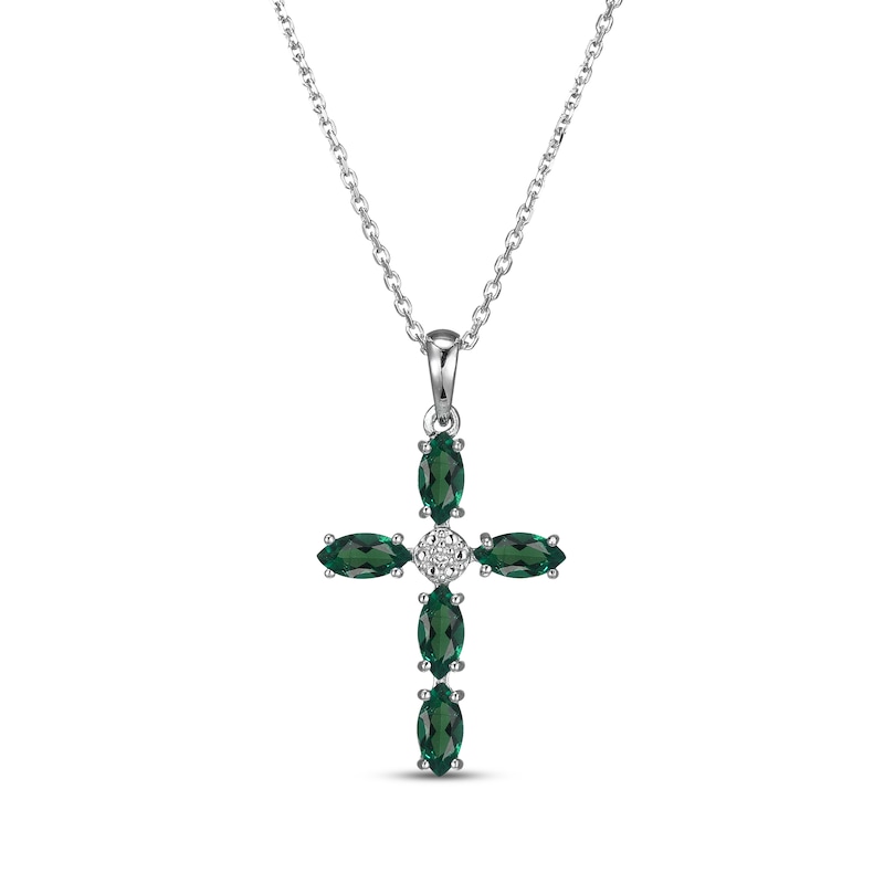 Main Image 1 of Marquise-Cut Lab-Created Emerald & Diamond Accent Cross Necklace Sterling Silver 18"