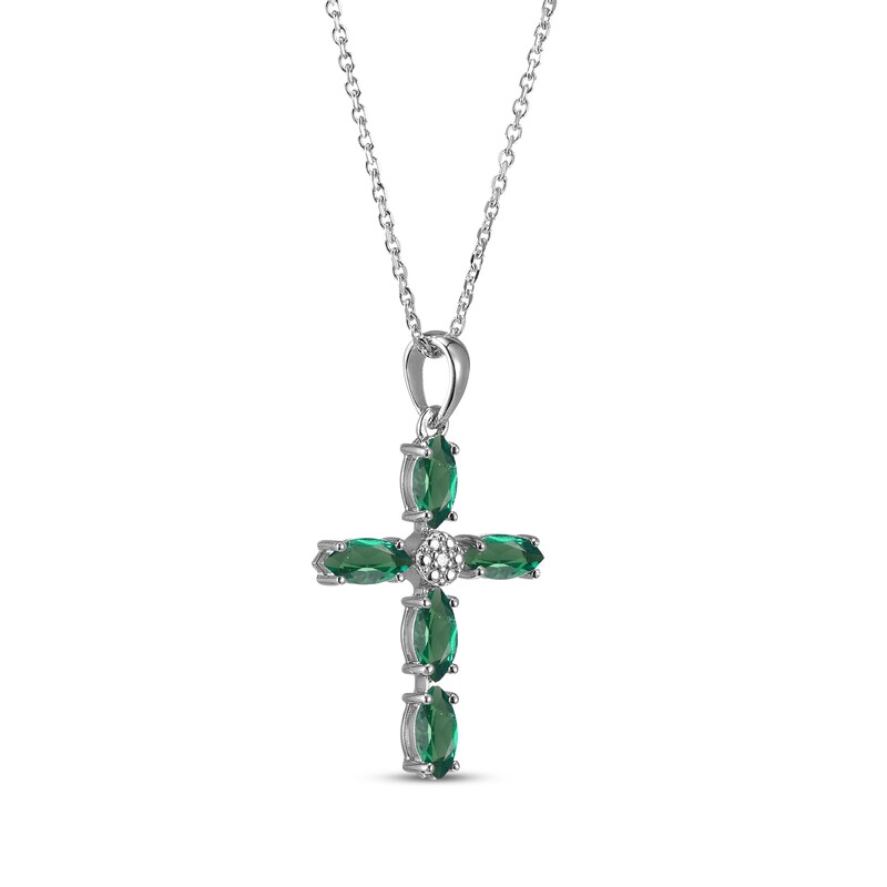 Main Image 2 of Marquise-Cut Lab-Created Emerald & Diamond Accent Cross Necklace Sterling Silver 18"