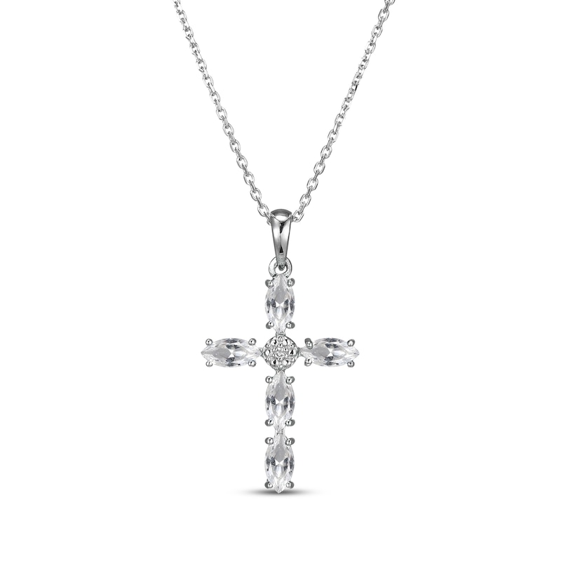 Main Image 1 of Marquise-Cut White Lab-Created Sapphire & Diamond Accent Cross Necklace Sterling Silver 18"