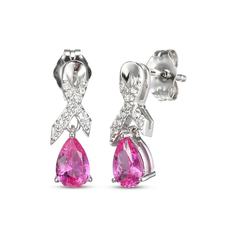 Main Image 1 of Pear-Shaped Pink Lab-Created Sapphire & White Lab-Created Sapphire Ribbon Dangle Earrings Sterling Silver