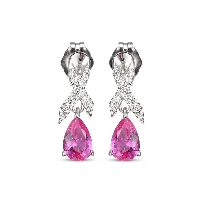 Main Image 2 of Pear-Shaped Pink Lab-Created Sapphire & White Lab-Created Sapphire Ribbon Dangle Earrings Sterling Silver