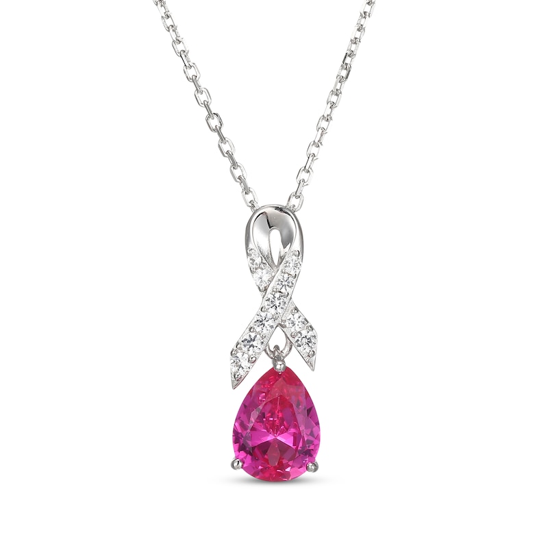 Main Image 1 of Pear-Shaped Pink Lab-Created Sapphire & White Lab-Created Sapphire Ribbon Necklace Sterling Silver 18"