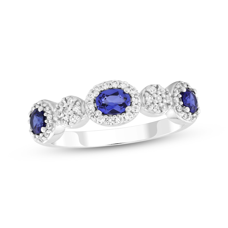 Main Image 1 of Oval-Cut Blue Lab-Created Sapphire & White Lab-Created Sapphire Halo Ring Sterling Silver
