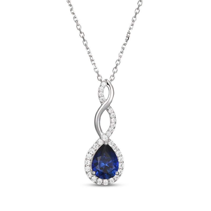 Main Image 1 of Pear-Shaped Blue Lab-Created Sapphire & White Lab-Created Sapphire Twist Drop Necklace Sterling Silver 18"