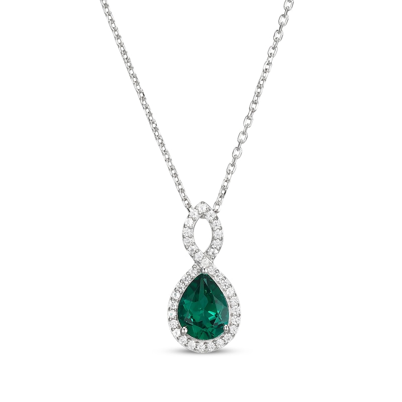 Main Image 1 of Pear-Shaped Lab-Created Emerald & White Lab-Created Sapphire Twist Frame Necklace Sterling Silver 18&quot;