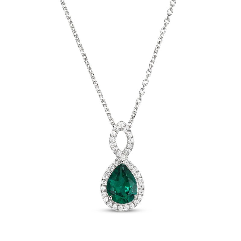 Pear-Shaped Lab-Created Emerald & White Lab-Created Sapphire Twist Frame Necklace Sterling Silver 18"