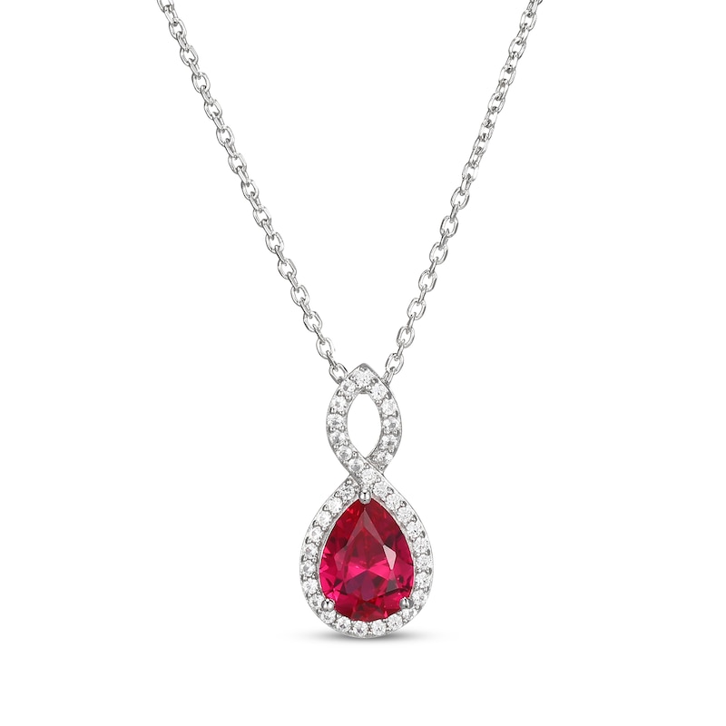 Main Image 1 of Pear-Shaped Lab-Created Ruby & White Lab-Created Sapphire Twist Frame Necklace Sterling Silver 18"