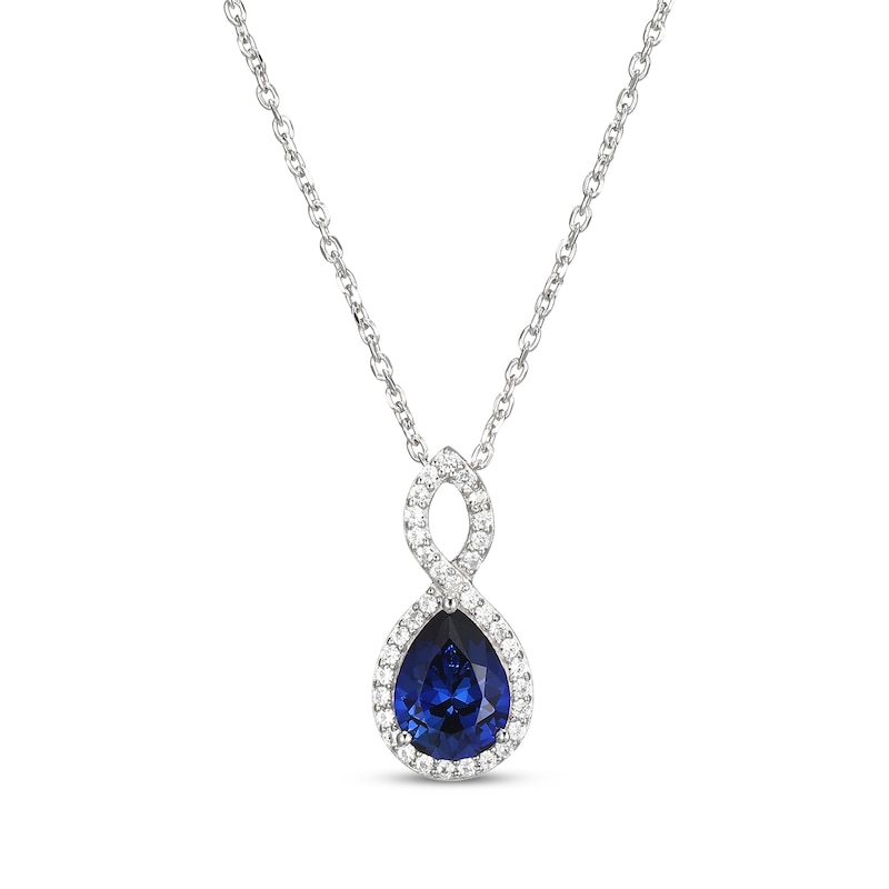 Main Image 1 of Pear-Shaped Blue Lab-Created Sapphire & White Lab-Created Sapphire Twist Frame Necklace Sterling Silver 18"