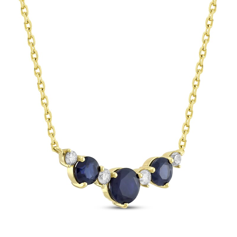 Main Image 2 of Natural Blue Sapphire & Diamond Curved Bar Necklace 1/6 ct tw 10K Yellow Gold 18"