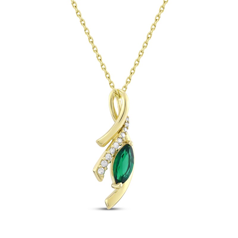 Main Image 2 of Marquise-Cut Lab-Created Emerald & Diamond Wishbone Necklace 1/10 ct tw 10K Yellow Gold 18"
