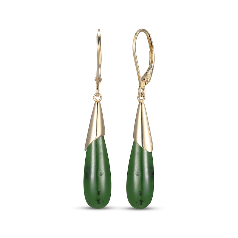 Pear-Shaped Nephrite Jade Drop Earrings 14K Yellow Gold 41mm