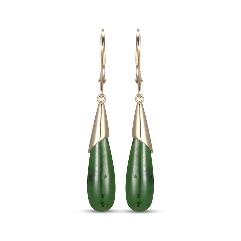 Pear-Shaped Nephrite Jade Drop Earrings 14K Yellow Gold 41mm