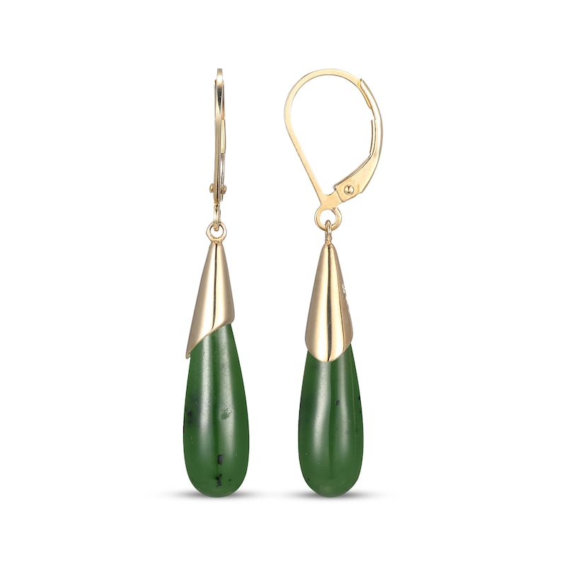 Pear-Shaped Nephrite Jade Drop Earrings 14K Yellow Gold 41mm