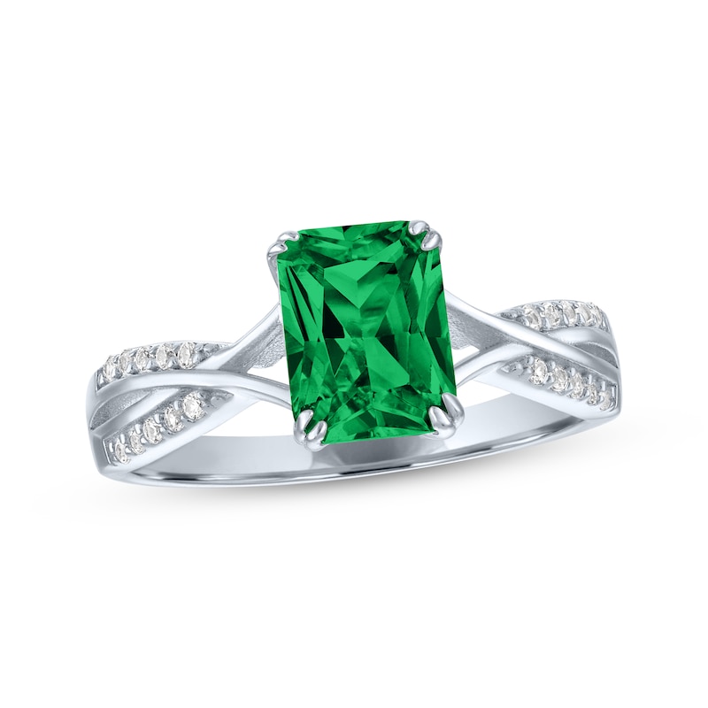 Main Image 1 of Emerald-Cut Lab-Created Emerald & Diamond Ring 1/20 ct tw Sterling Silver