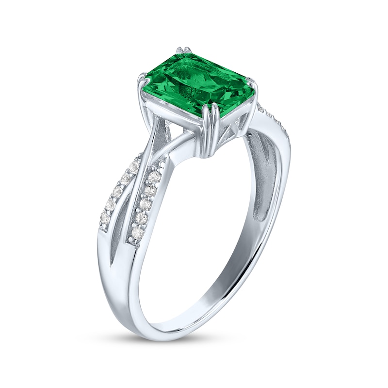 Main Image 2 of Emerald-Cut Lab-Created Emerald & Diamond Ring 1/20 ct tw Sterling Silver