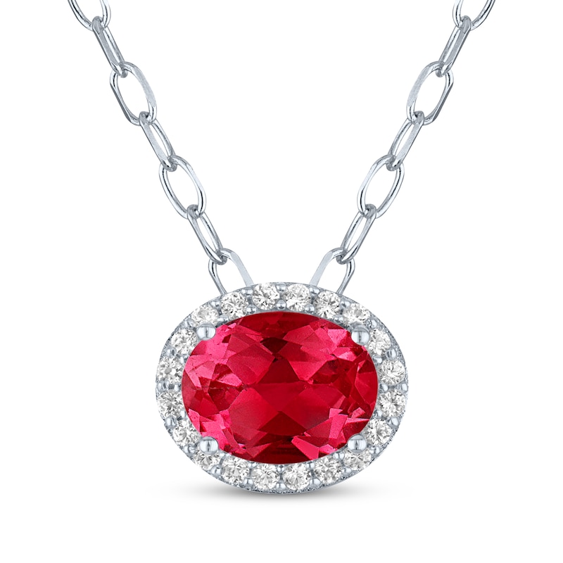 Main Image 1 of Oval-Cut Lab-Created Ruby & White Lab-Created Sapphire Halo Necklace Sterling Silver 18"