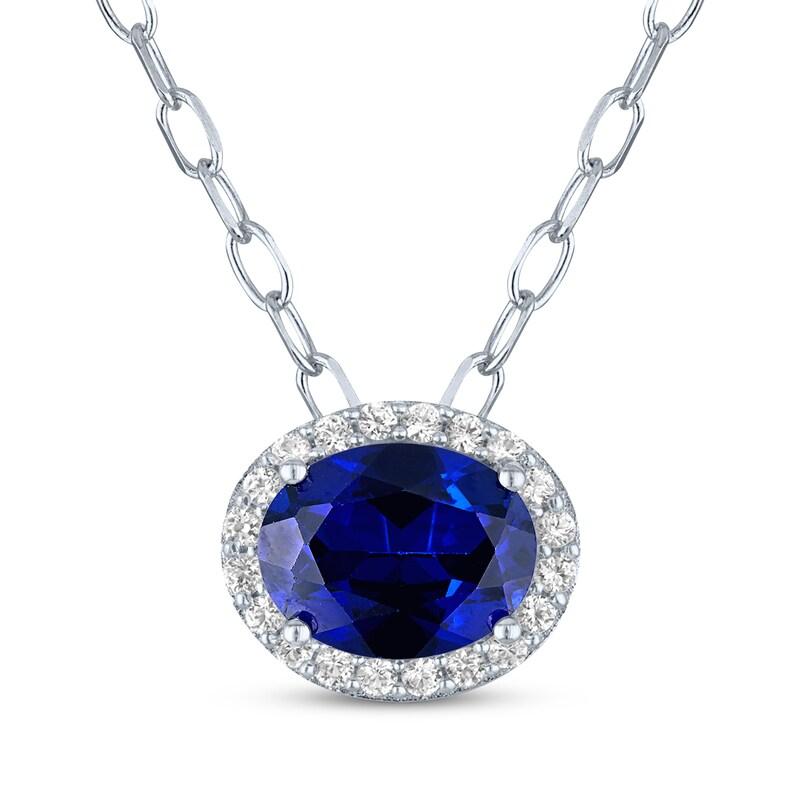Main Image 1 of Oval-Cut Blue & White Lab-Created Sapphire Halo Necklace Sterling Silver 18"