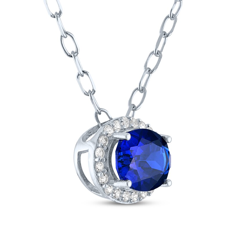 Main Image 2 of Oval-Cut Blue & White Lab-Created Sapphire Halo Necklace Sterling Silver 18"