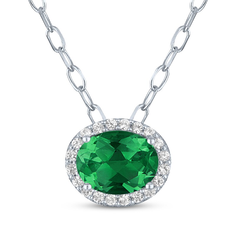 Main Image 1 of Oval-Cut Lab-Created Emerald & White Lab-Created Sapphire Halo Necklace Sterling Silver 18"